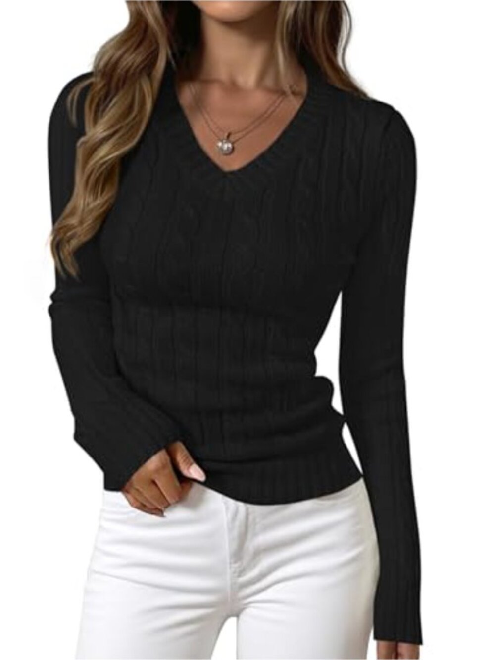 Cable Knit V-Neck Long Sleeve Fitted Pullover Sweater Women's Fall